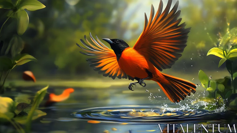 Vibrant orange bird in flight over water, digital nature artwork.
