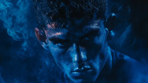 Close-up blue portrait of male face in dramatic low light.