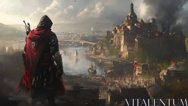 Lone red-cloaked wanderer watching a stormy fortress city.