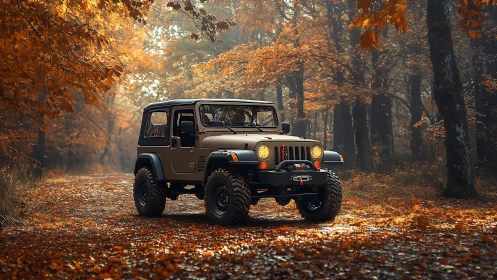 Autumn trail Jeep pauses beneath a glowing rustleaf canopy.