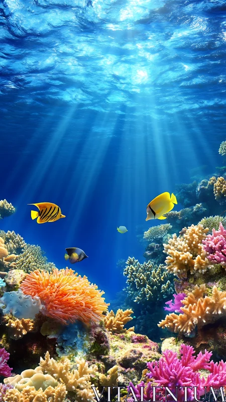 Sunrays kiss coral kingdoms in a neon-swirled reef dreamscape.