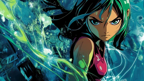 Electro-kinetic anime warrior in turbulent neon fluid field.