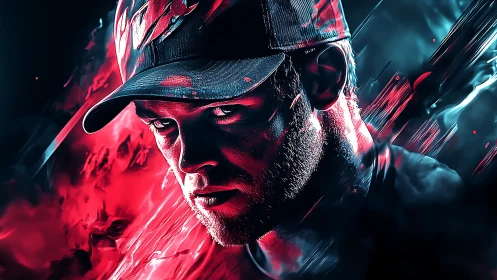 Digital portrait of man in cap with red and blue lighting.