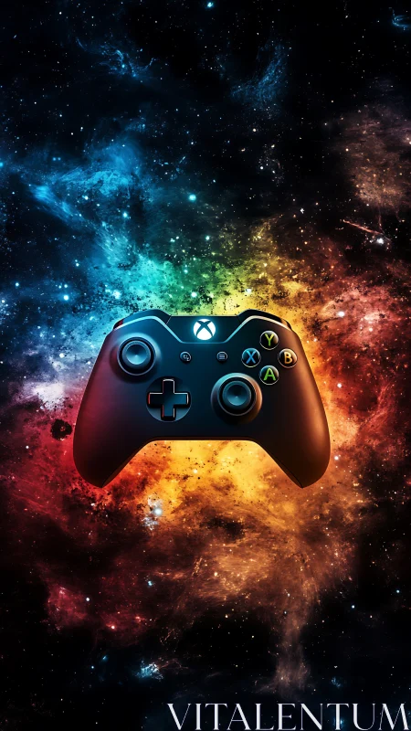 Game controller centered over colorful cosmic nebula art.