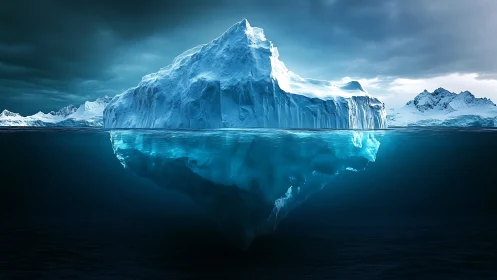 Photorealistic polar iceberg cross-section with submerged mass.