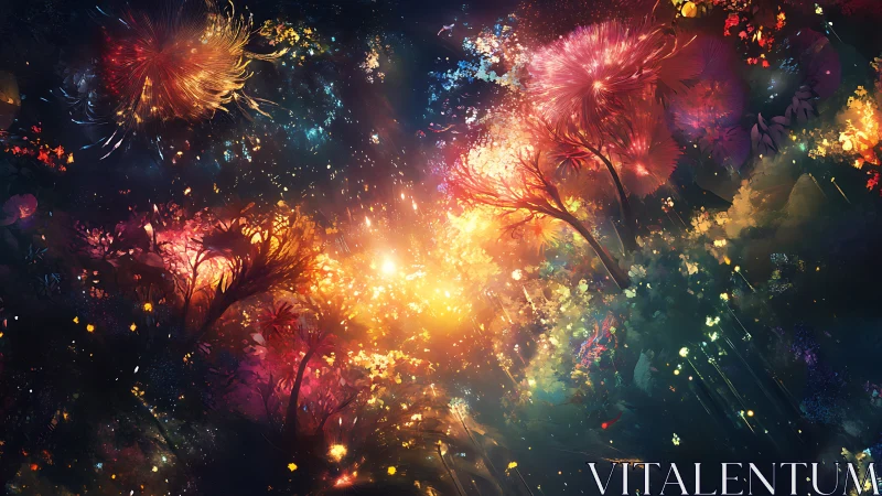Glowing abstract forest scene shows luminous colorful trees