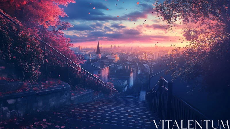 Sunset stairway descends toward a glowing dreamlike cityscape.