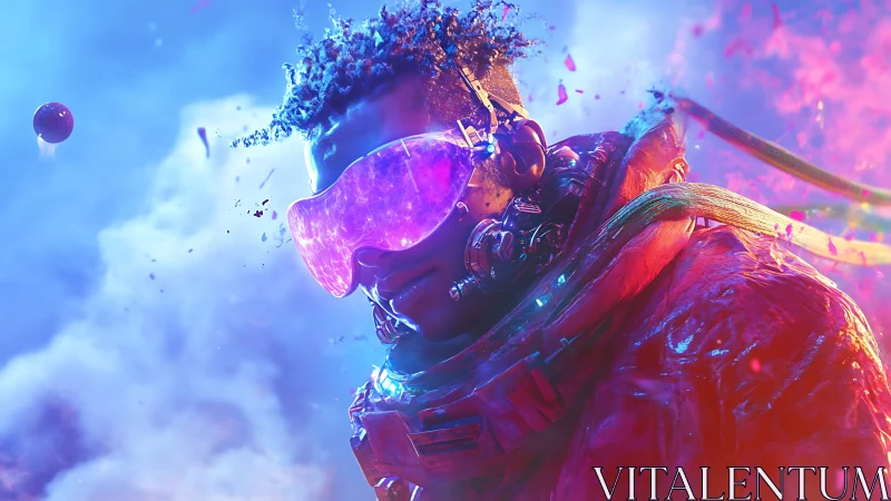 Neon lit cyber astronaut in vivid sci fi environment.