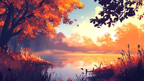 Golden autumn lake glows softly beneath a tranquil sky