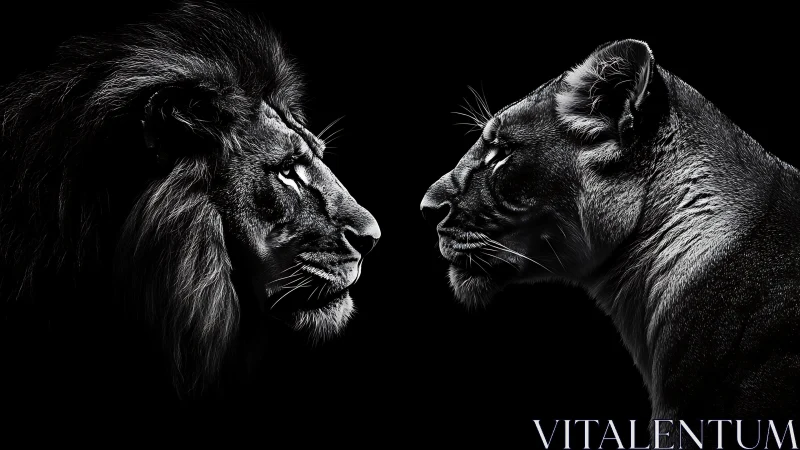 Monochromatic Lion and Lioness Confrontation on Black Background