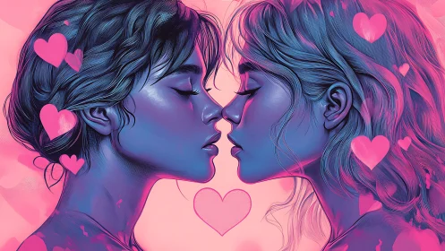 Intimate Digital Portrait: Two Figures Kissing Amid Neon Hearts