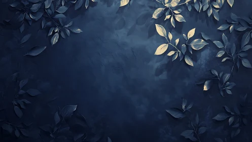 Silver leaves frame deep blue textured background space