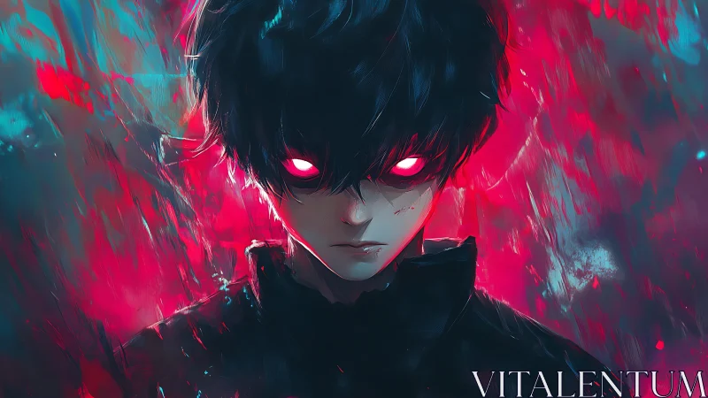 Malevolent anime figure radiates neon-lit crimson intensity