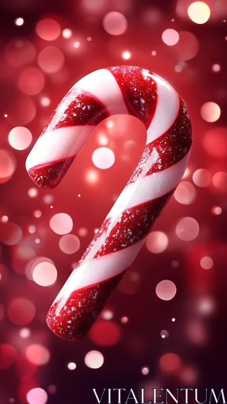 Peppermint candy cane glows against festive red bokeh.