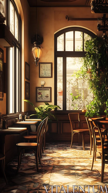 Sunlit vintage caf&eacute; interior with arched windows and plants.