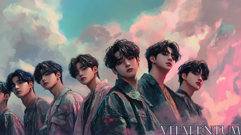 Dreamy sky-lit portrait line of stylish young men.