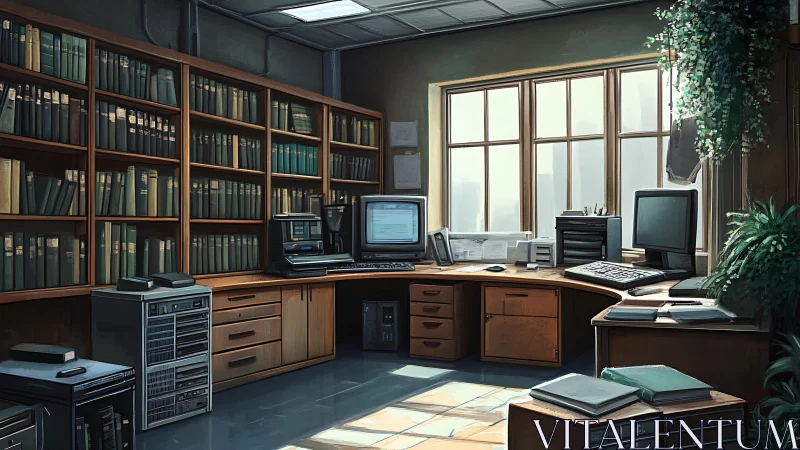Sunlit retro office with bookshelves and desktop computers.