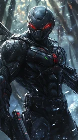 Armored cybernetic operative with red visor in winter forest