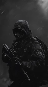Tactical soldier in gas mask under driving rainstorm.