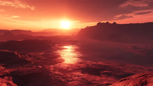 Crimson alien canyon under molten sunset sky glow.