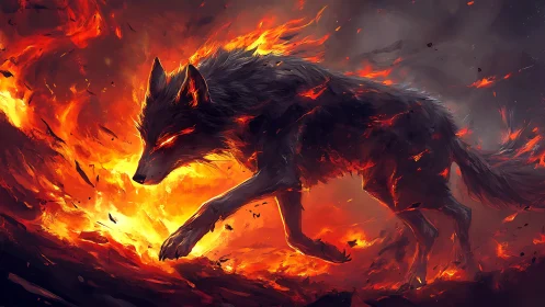 Inferno wolf strides through molten twilight emberscape.