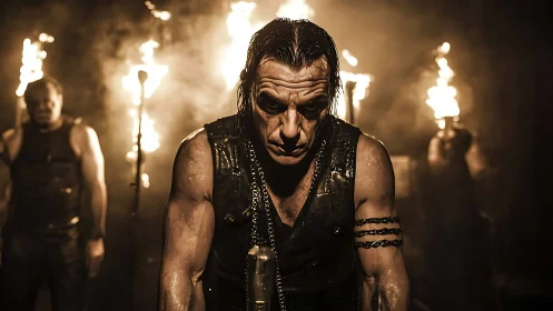 Intense performer stares forward before blazing torches in darkness