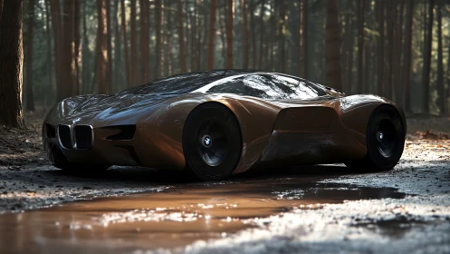 Futuristic BMW concept car renders hyper-reflective bodywork in forest