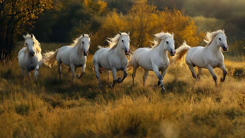 White horses running through golden autumn grassland at sunset.