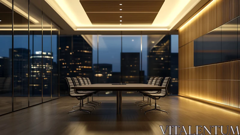 Contemporary Conference Room with Cityscape at Dusk.