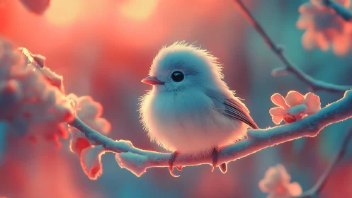 Luminous Bird Perched on Flowering Branch with Warm-Cool Chromatic Interplay