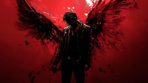 Fallen dark angel in red void with abstract ink wings.