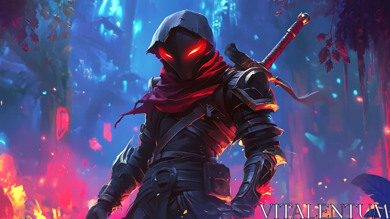 Digital painting of glowing-eyed rogue in neon forest battleground.