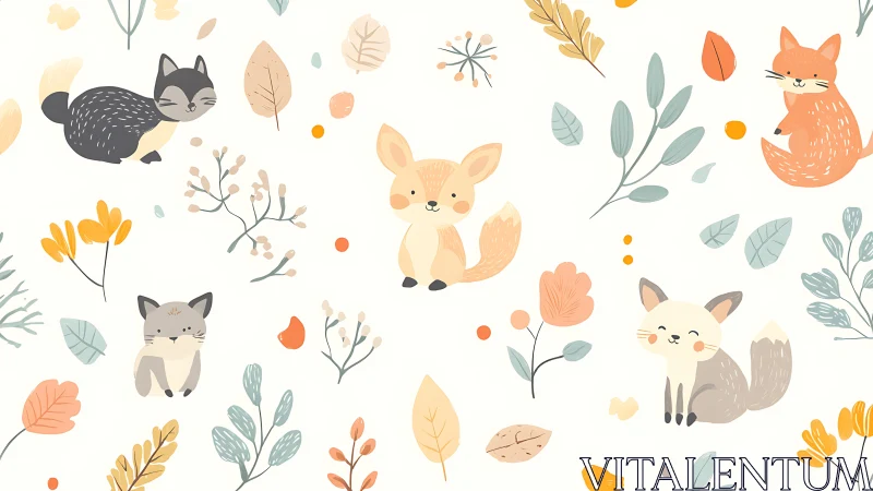 Playful woodland fox friends in a soft autumn garden.