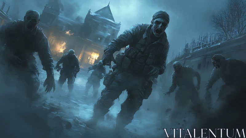 Undead figures advance across icy courtyard toward viewer.