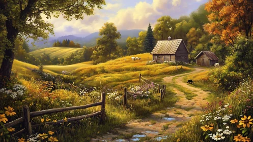 Sunlit country homestead dreaming among wildflower meadows.