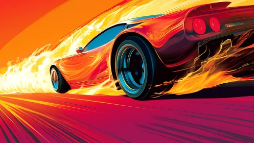 Sports car moves through stylized flames on abstract roadway
