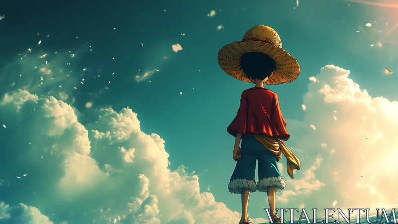 Dreaming traveler in a straw hat gazing toward bright skies.
