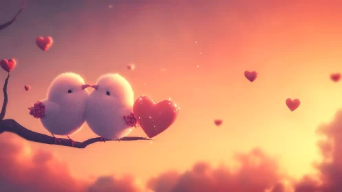Two fluffy birds with heart elements suspended in warm gradient sunset sky