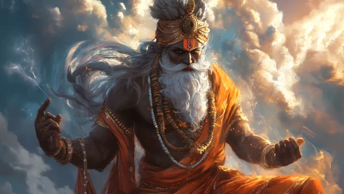 Storm-lit sage in swirling clouds of fire and calm.