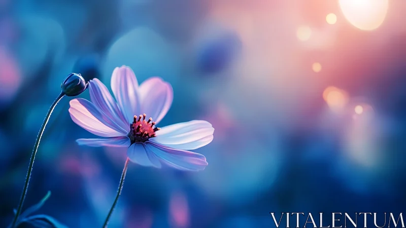 Delicate cosmos flower suspended in soft blue and pink bokeh light.