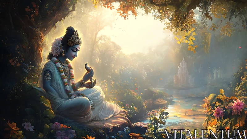 Divine figure in luminous forest sanctum contemplates nature.