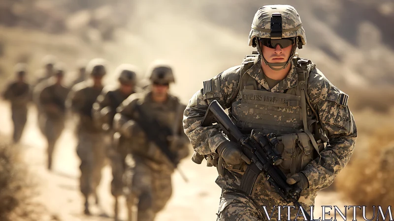 Dusty desert march with focused soldiers on patrol.