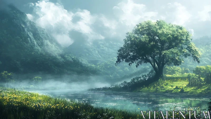 Lone tree beside reflective river in misty mountain valley.