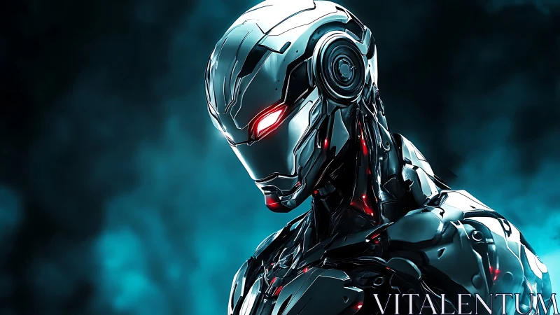 Futuristic combat android glows ominously in teal mist