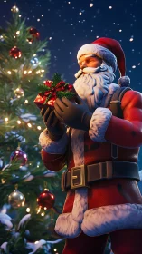 Stylized 3D Santa holding wrapped gift by lit Christmas tree