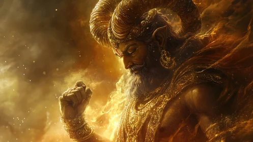 Ember-crowned horned deity in swirling golden quietude.