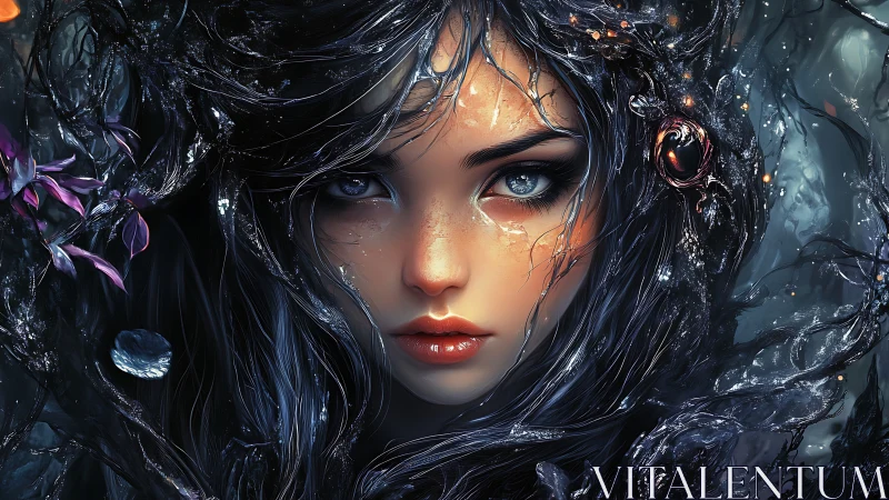 Moonlit water-sorceress gazes through tangled, liquid starlight