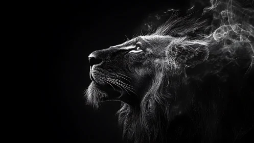 Monochrome lion profile rendered with smoke-like mane dispersion