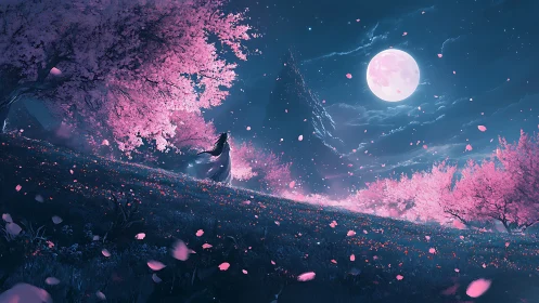 Moonlit cherry blossom valley renders ethereal nocturnal atmosphere