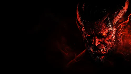 Demonic horned creature emerges from darkness in red light